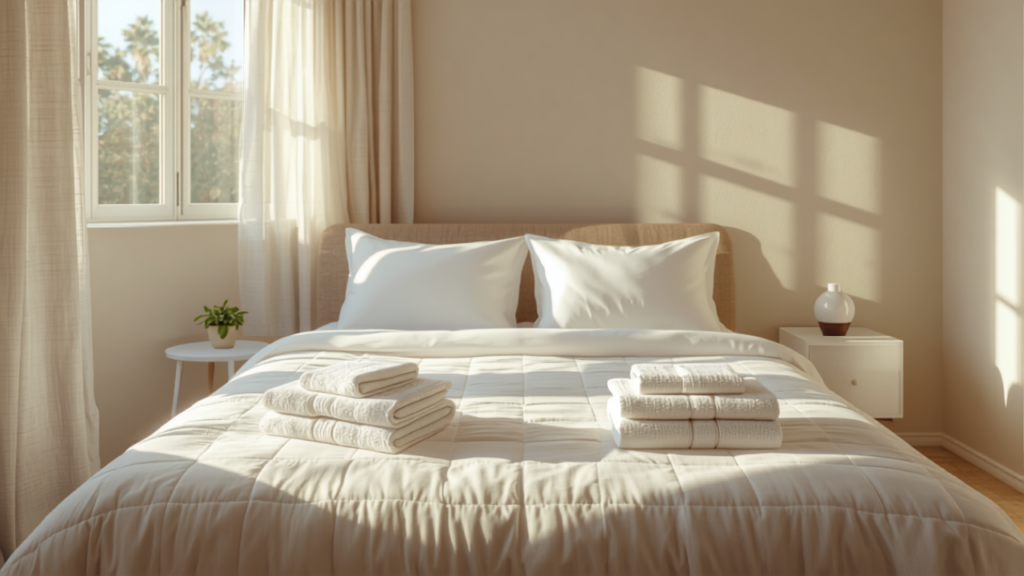 Freshly made bed with crisp white linens and folded towels in a bright, staged coastal guest bedroom, representing an Airbnb/VRBO turnover cleaning by The Art Of Clean Agency